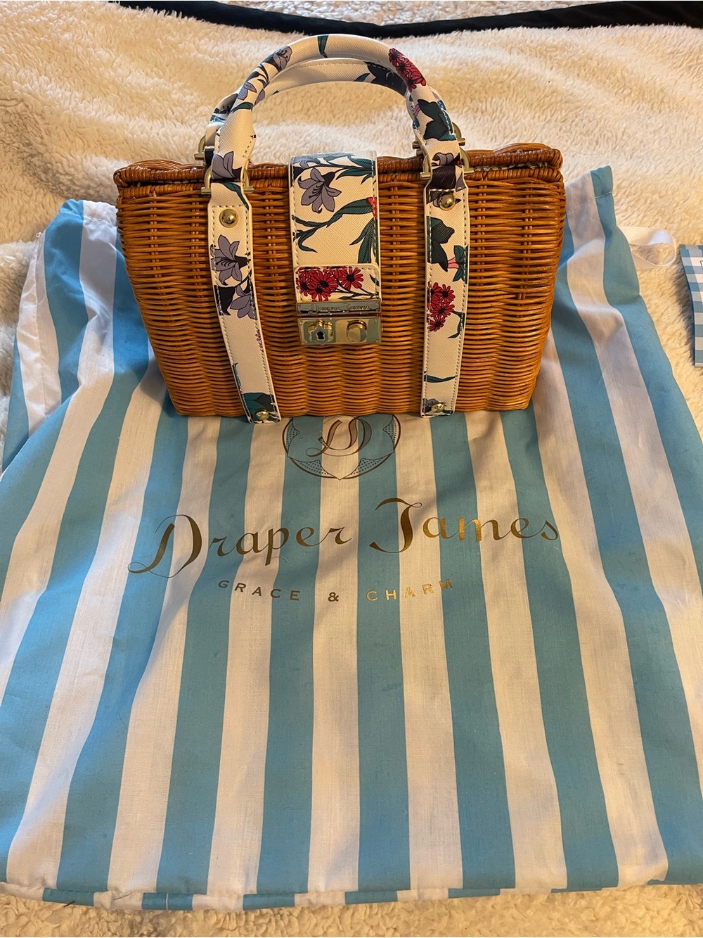 Draper James Wicker Top-Handle Bag with White Floral Trim